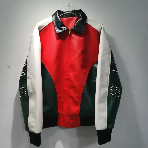 Valentino Garavani Rockstud Leather Bomber Jacket Red White Green - 1