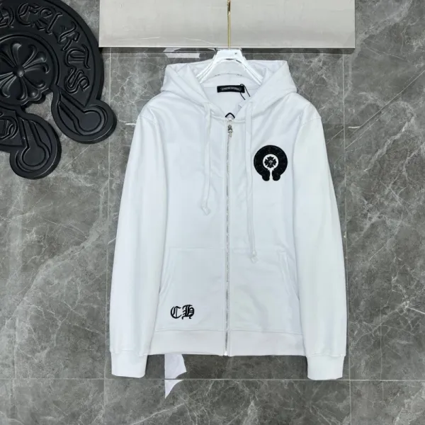 Chrome Hearts White Zip-Up Hoodie with Black Logo Embroidery - 1