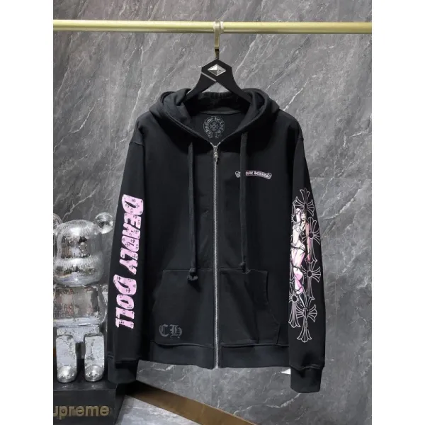 Chrome Hearts x Dead Doll Black Zip-Up Hoodie with Pink Graphic Print - 1