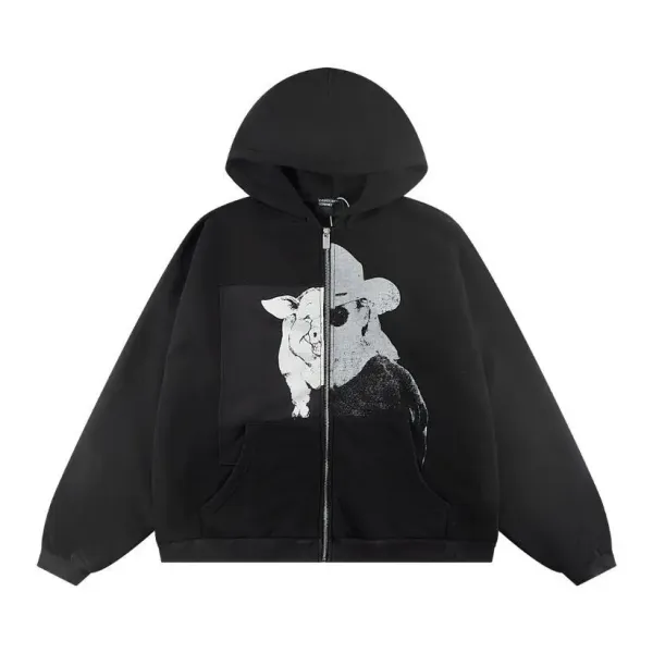 Off-White x Pig in Hat Graphic Zip-Up Hoodie Black - 1