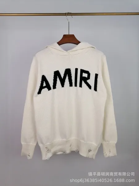 Amiri Knit Hoodie White Distressed Logo Sweater - 1