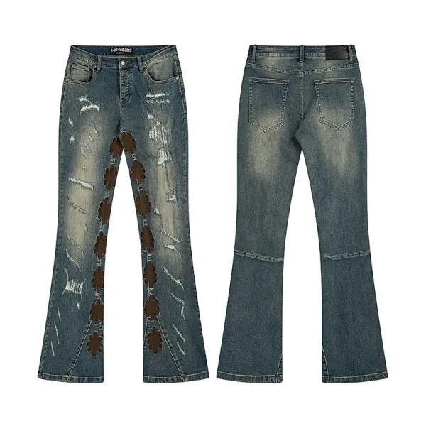 Design Floral Patchwork Distressed Flare Jeans - 1