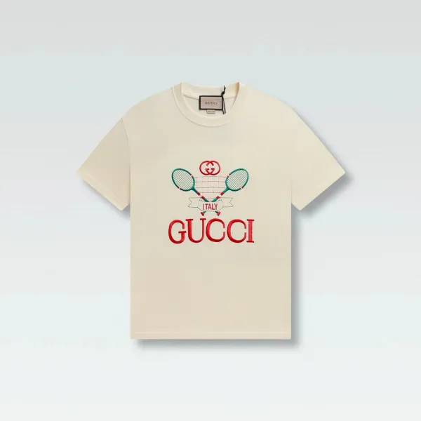 Gucci Tennis Racket Embroidered Beige T-Shirt - 1