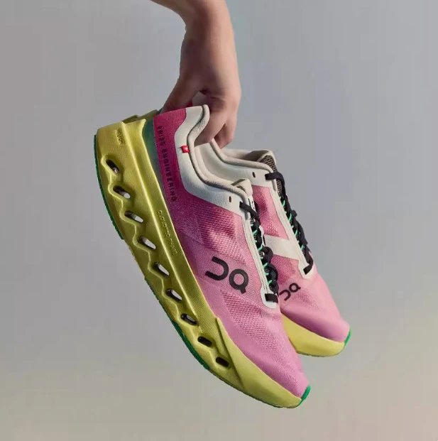 On Cloudmonster Pink-Lime Running Shoes with Hollowed Midsole - 136893