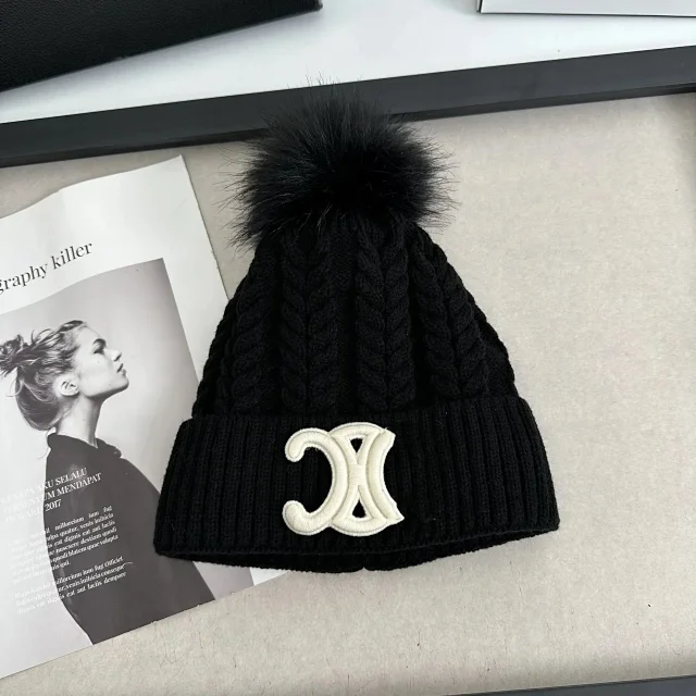 Chanel Hats Cable-Knit Pom-Pom Beanie with Rhinestone Logo product detail image 3