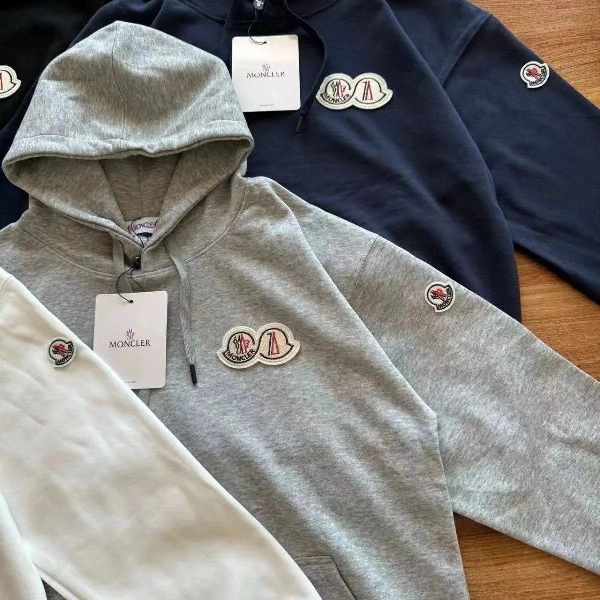 Moncler Logo Patch Hoodie in Black, Navy, and Gray - 4