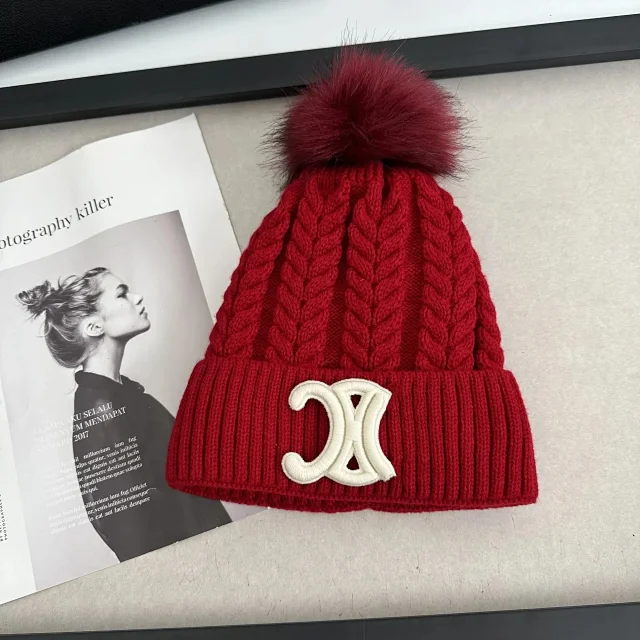 Chanel Hats Cable-Knit Pom-Pom Beanie with Rhinestone Logo product detail image 5