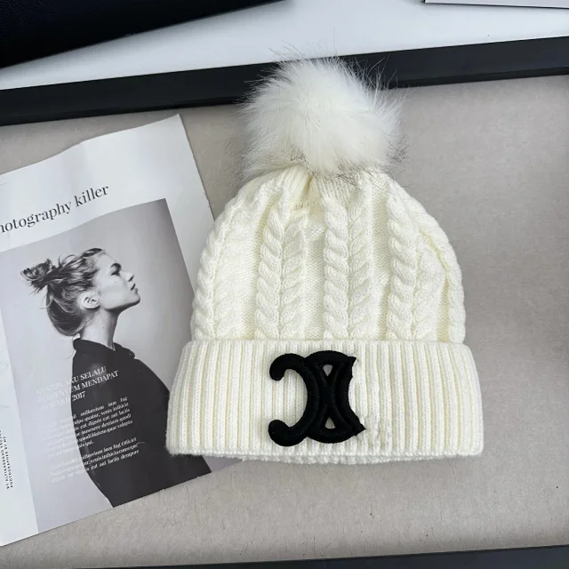 Chanel Hats Cable-Knit Pom-Pom Beanie with Rhinestone Logo product detail image 4