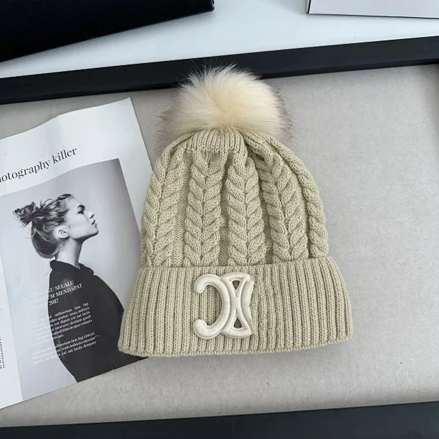 Chanel Hats Cable-Knit Pom-Pom Beanie with Rhinestone Logo product detail image 7