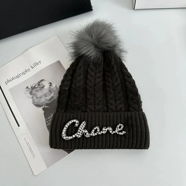 Chanel Hats Cable-Knit Pom-Pom Beanie with Rhinestone Logo product detail image 2