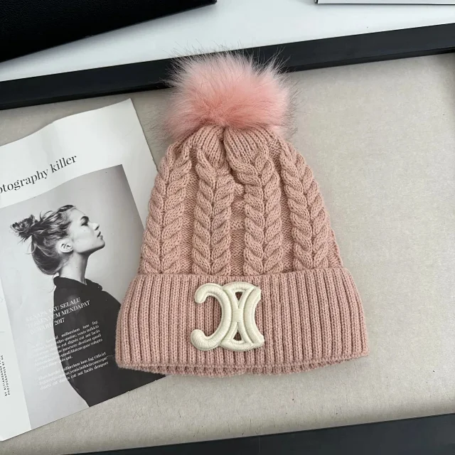 Chanel Hats Cable-Knit Pom-Pom Beanie with Rhinestone Logo product detail image 6