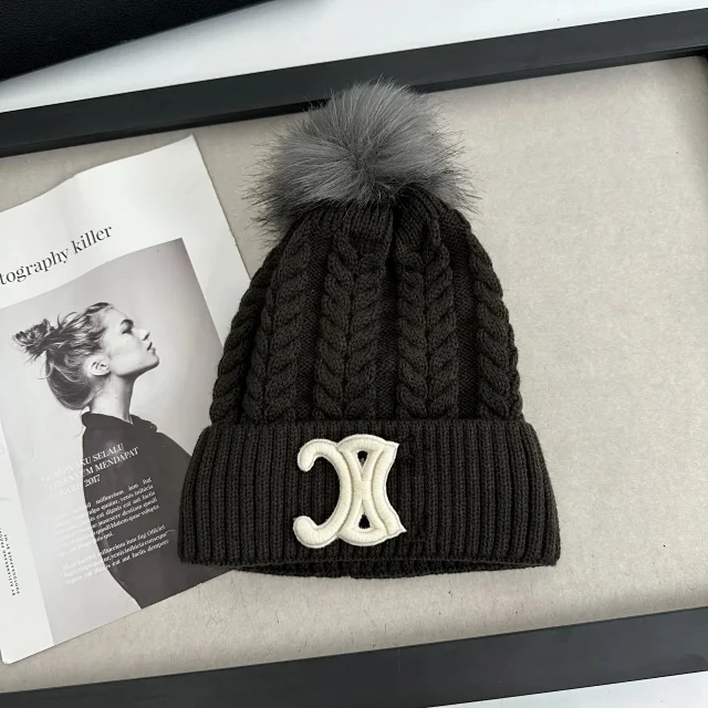 Chanel Hats Cable-Knit Pom-Pom Beanie with Rhinestone Logo product detail image 9
