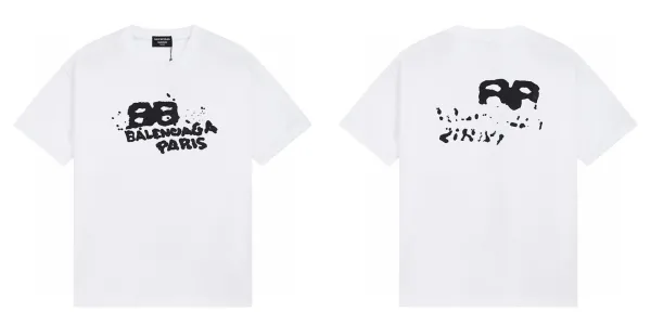 Balenciaga BB Logo Splatter Print White T-Shirt - 1