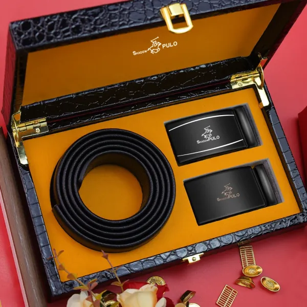 Shadow Polo Black Leather Belt Set with Interchangeable Buckles - 1