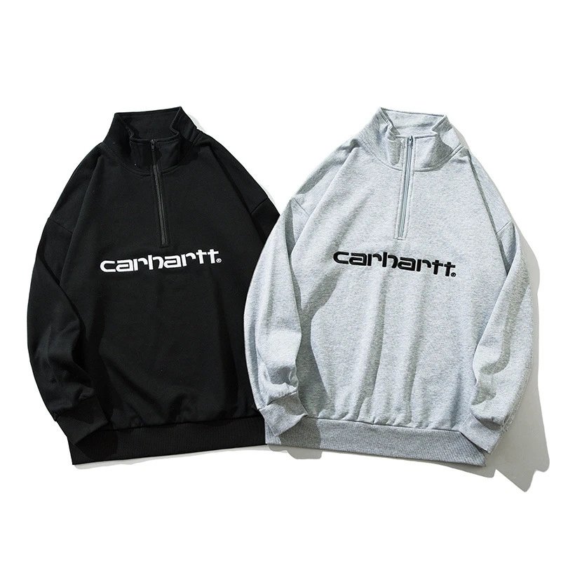 Letter Embroidered Half Zip Terry Collared Hoodie
