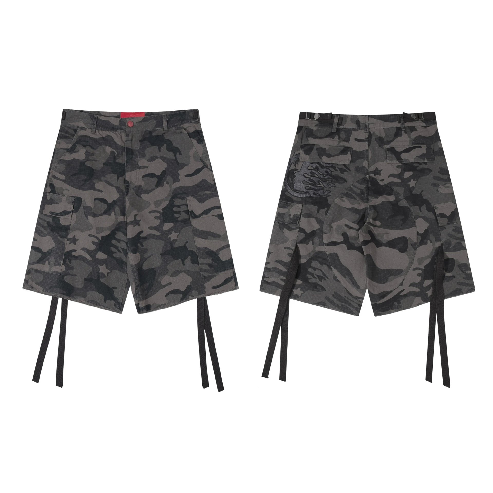 Design Camo Cargo Shorts with Adjustable Straps Red Black Multicolor Shorts - 17