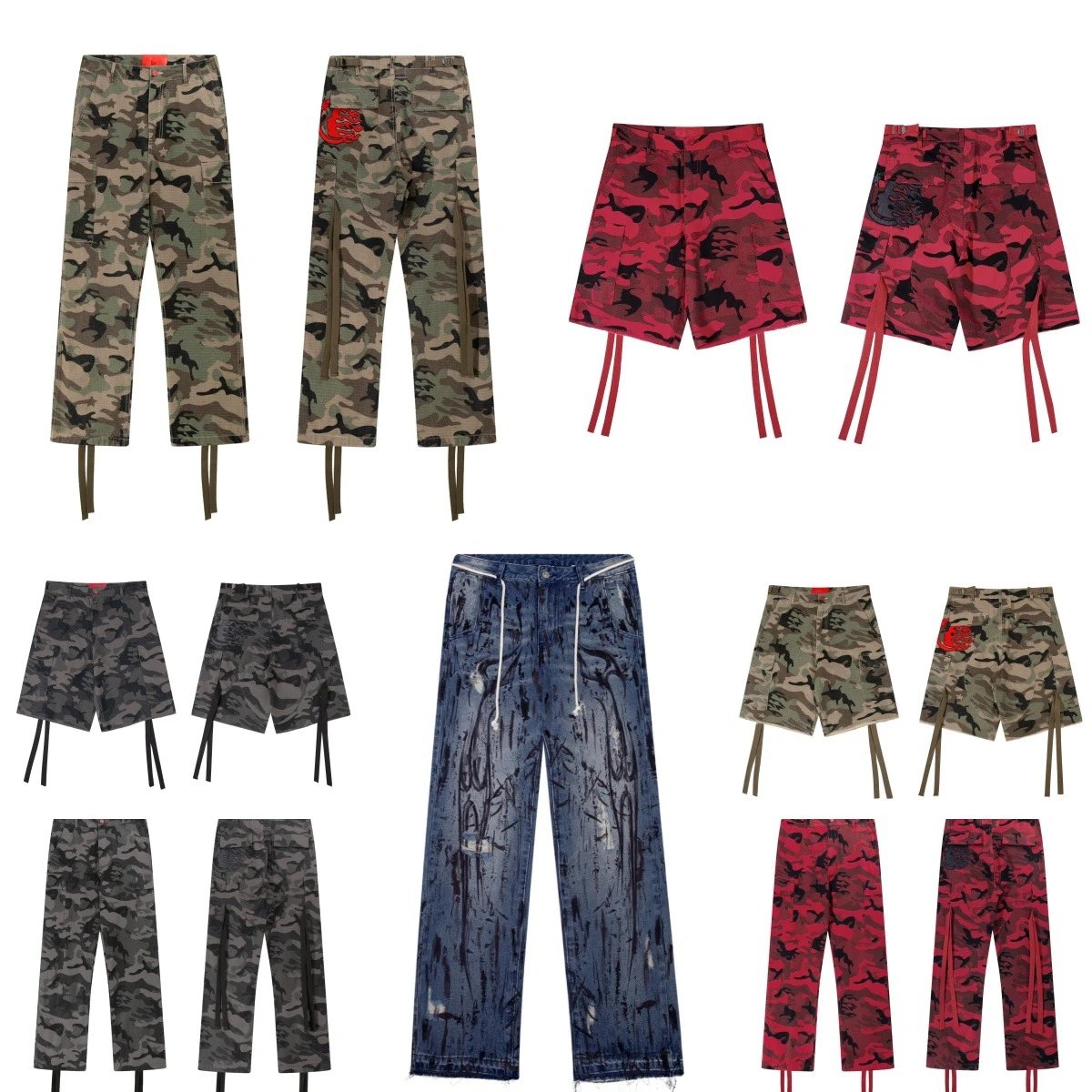 Distressed Washed Camo Cargo Denim Shorts with Drawstrings, Relaxed Straight Fit