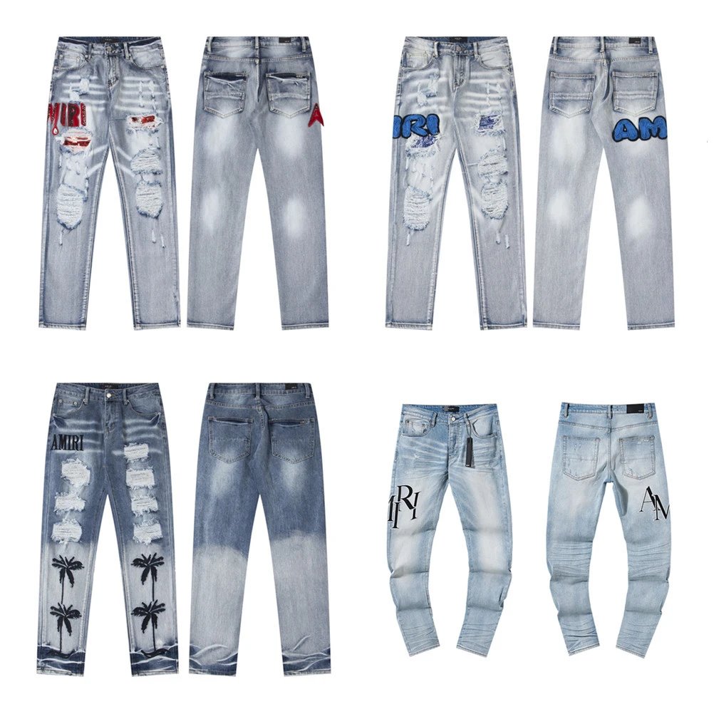 Letter Embroidered Distressed Jeans