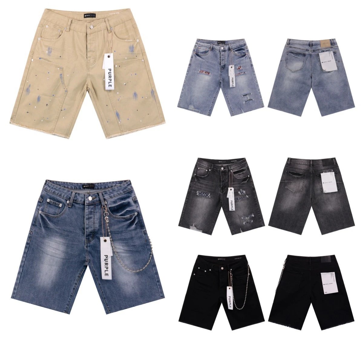 Chain Print Distressed Denim Shorts Five-Point Pants