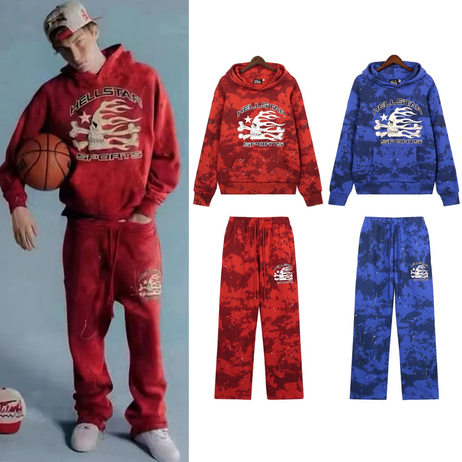 Vintage Wash Print Hoodie and Sweatpants Set
