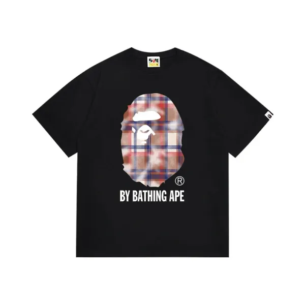 A Bathing Ape Plaid猿人头印花 Black T-Shirt - 1