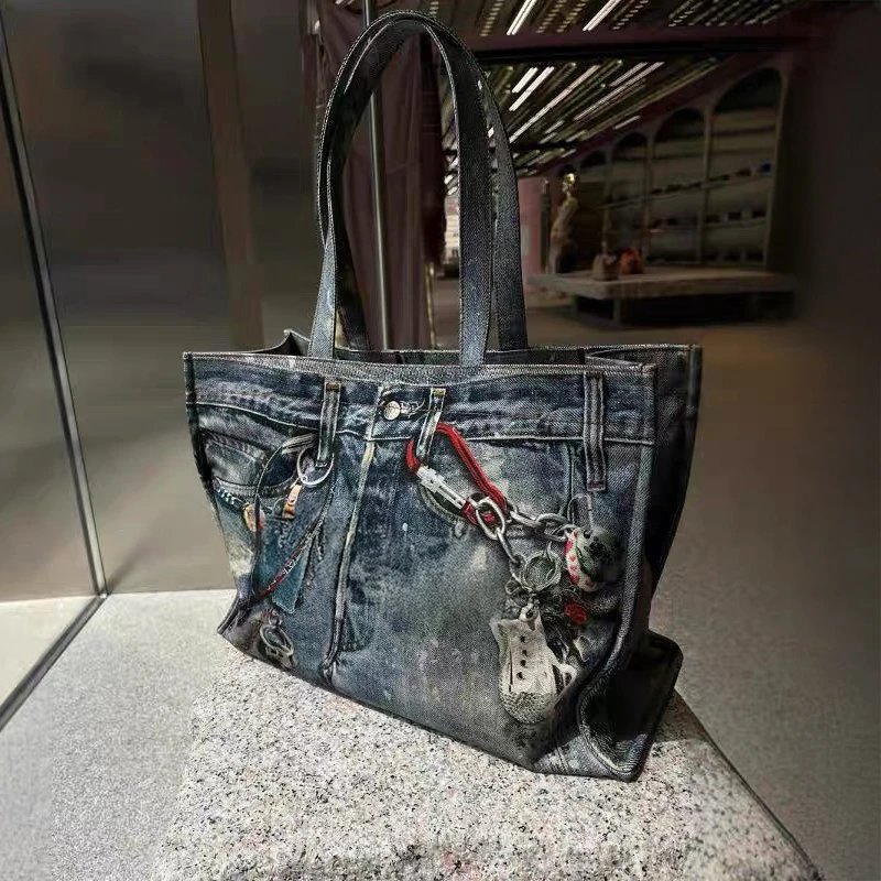 3D Printed Color Block Denim Tote Bag