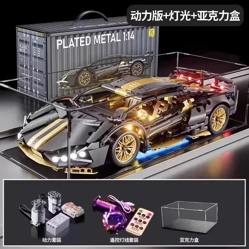 Plated Metal 1:14 Lamborghini Veneno RC Model Kit with Motor, LED Lights, and Acrylic Display Case