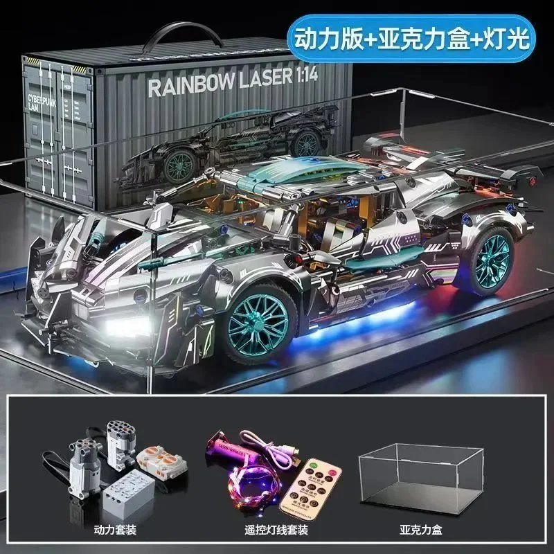 Rainbow Laser 1:14 Cyberpunk Car Model Kit with Motorized Power System, LED Lighting, and Acrylic Display Case