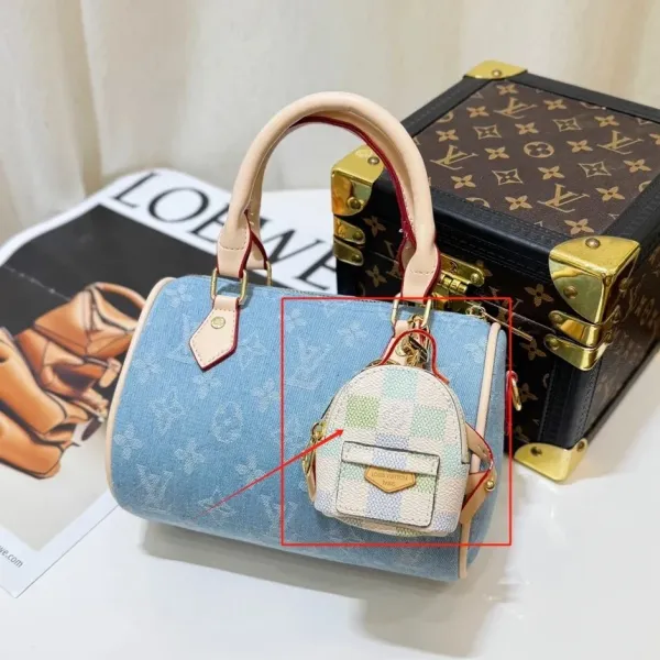 Louis Vuitton Speedy 20 Denim Monogram Blue Handbag with Mini Checkered Backpack Charm - 1