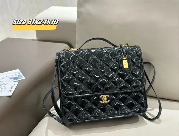 Chanel Classic Flap Bag Black Patent Quilted Shoulder Bag - 1
