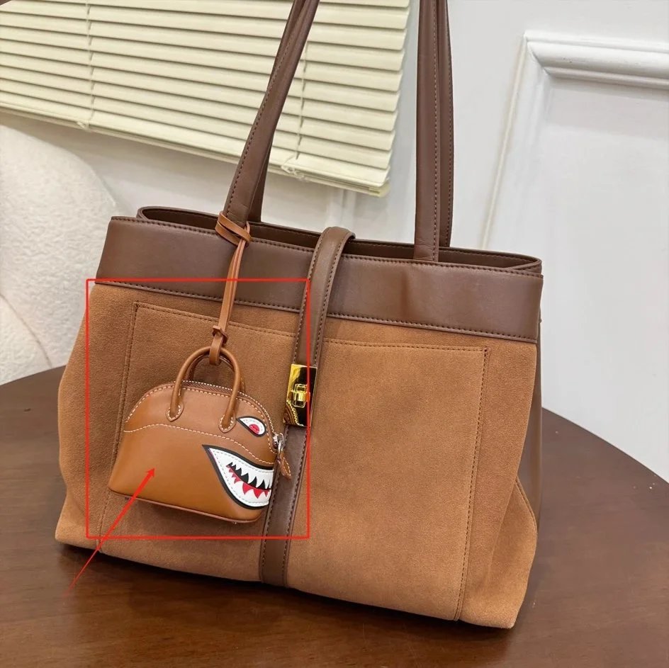 A Bathing Ape Shark Mini Bag Charm with Suede Tote Handbag Brown