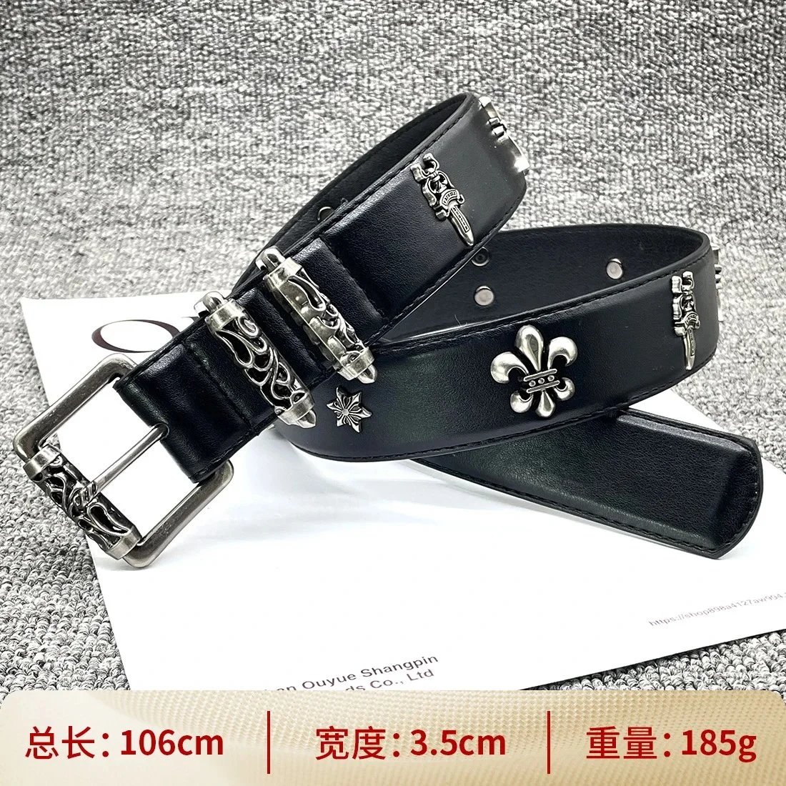 Philipp Plein Skull & Star Embossed Black Leather Belt - 40