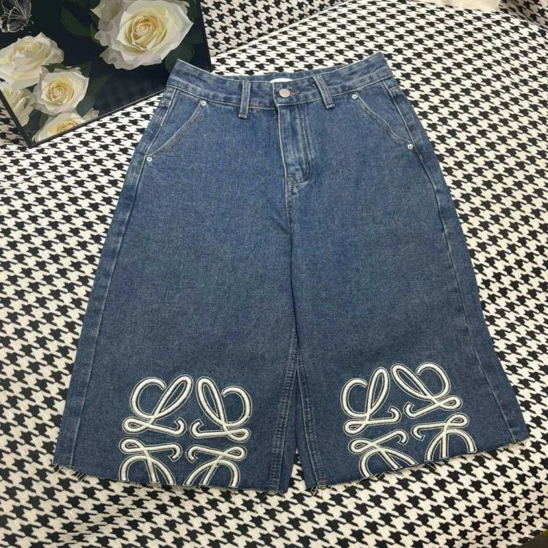 LOEWE Anagram Embroidered Washed Denim Shorts - rep Loewe