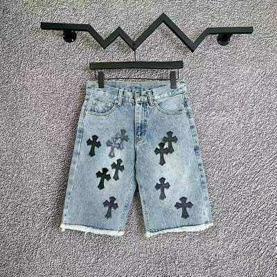 Chrome Hearts, Multi-colored Leather Cross Applique with Raw Edges / Straight Leg Denim Shorts (Regular Collection) - rep szorty