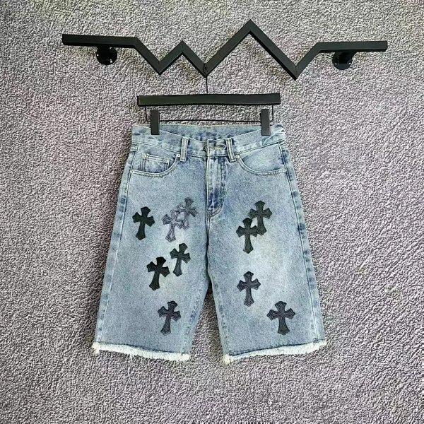 Chrome Hearts, Multi-colored Leather Cross Applique with Raw Edges / Straight Leg Denim Shorts (Regular Collection)
