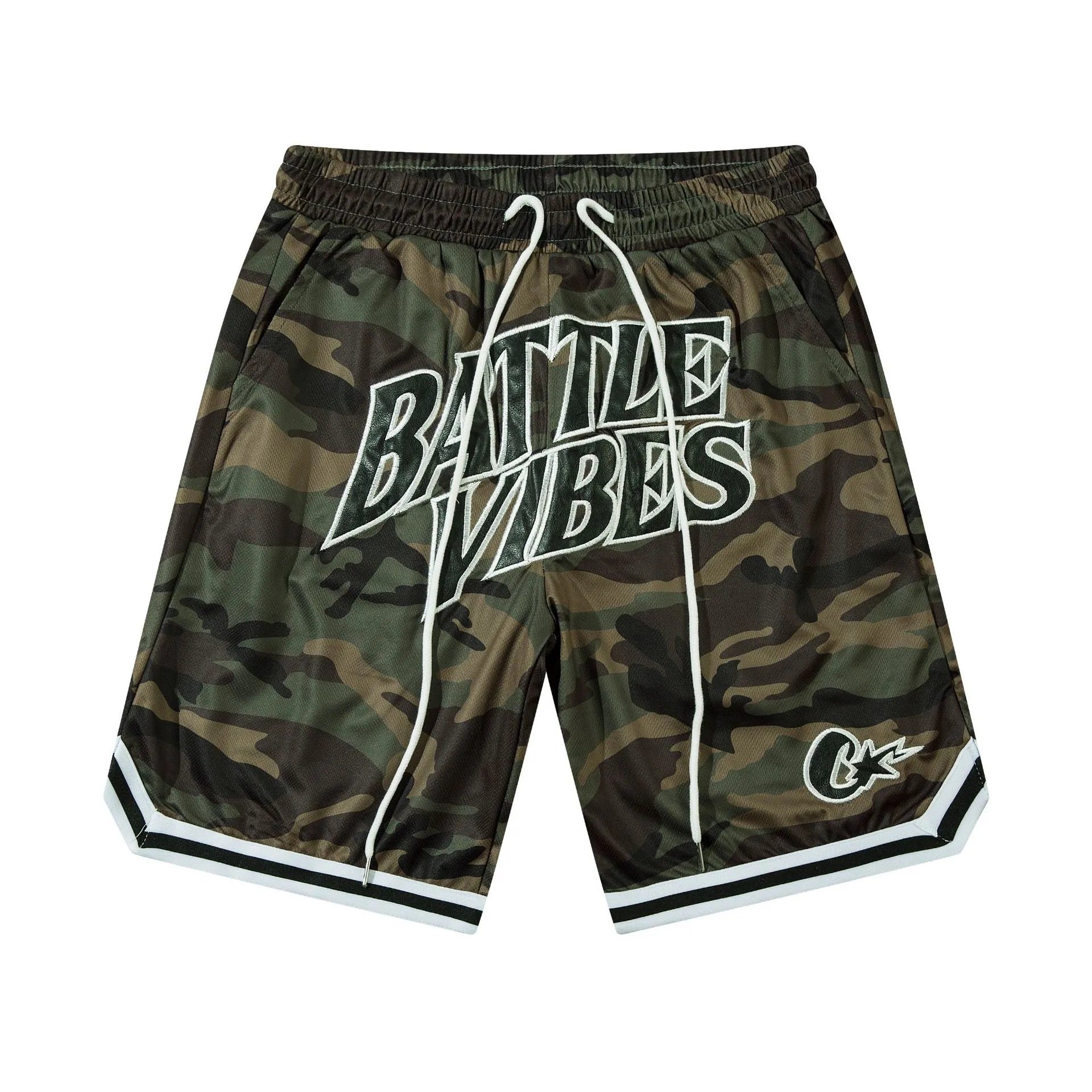 Unbranded Shorts Drawstring Mesh with Embroidered Graphic Lettering — 99 Camouflage green