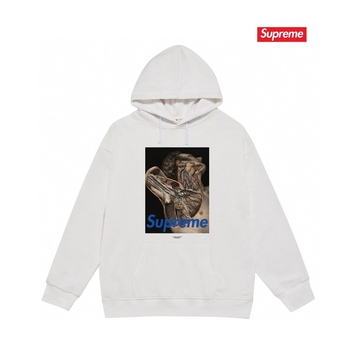 Supreme Hoodies & Sweatshirts Fleece-lined pullover hoodie with photo graphic and kangaroo pocket — S 2178 White with fleece lining