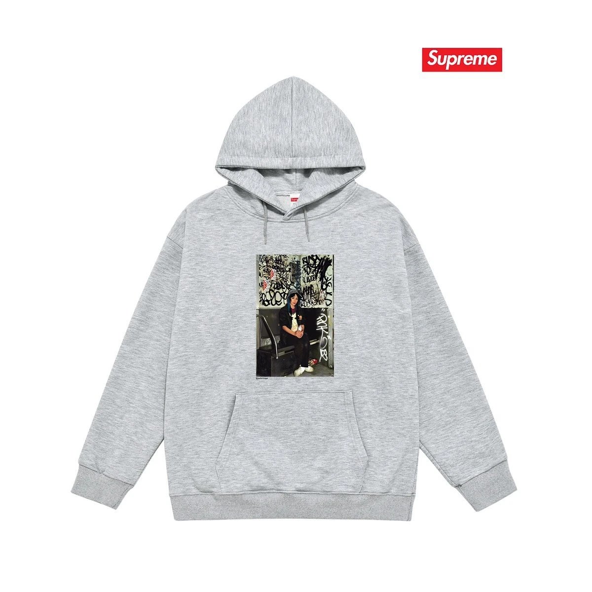 Supreme Hoodies & Sweatshirts Fleece-lined pullover hoodie with photo graphic and kangaroo pocket — S 2181 Gray with fleece lining