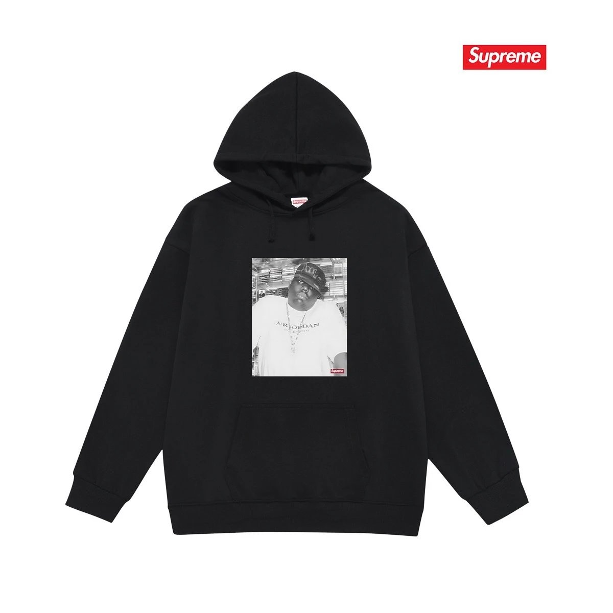 Supreme Hoodies & Sweatshirts Fleece-lined pullover hoodie with photo graphic and kangaroo pocket — S 2183 Black with fleece lining
