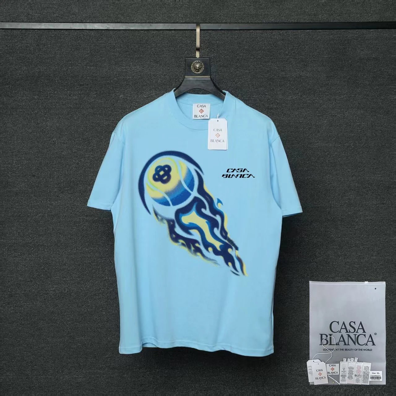 Casablanca T-Shirts Flaming Tennis Ball Graphic — 01 Blue