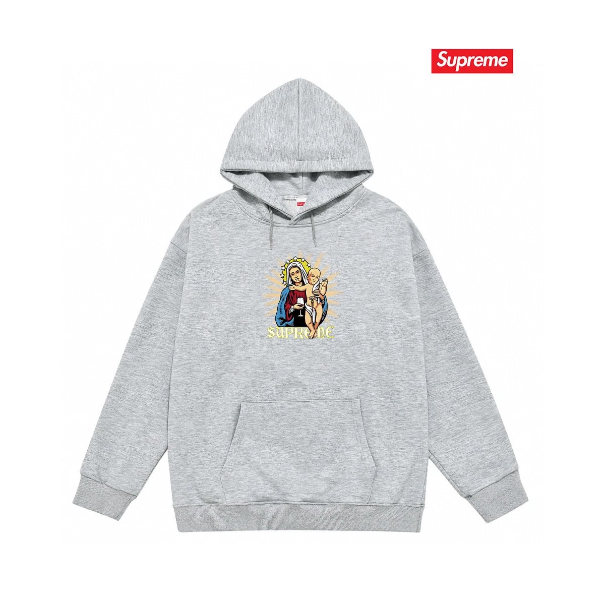 Supreme Hoodies & Sweatshirts Fleece-lined pullover hoodie with photo graphic and kangaroo pocket — S 2176 Gray with fleece lining