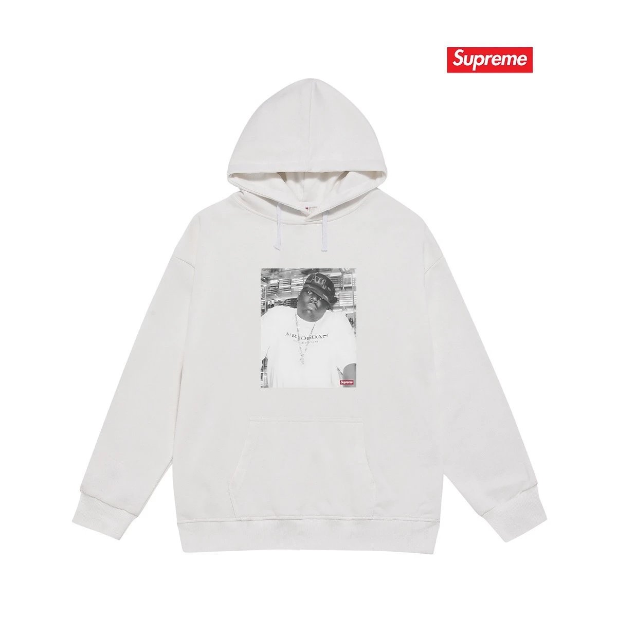 Supreme Hoodies & Sweatshirts Fleece-lined pullover hoodie with photo graphic and kangaroo pocket — S 2183 White with fleece lining