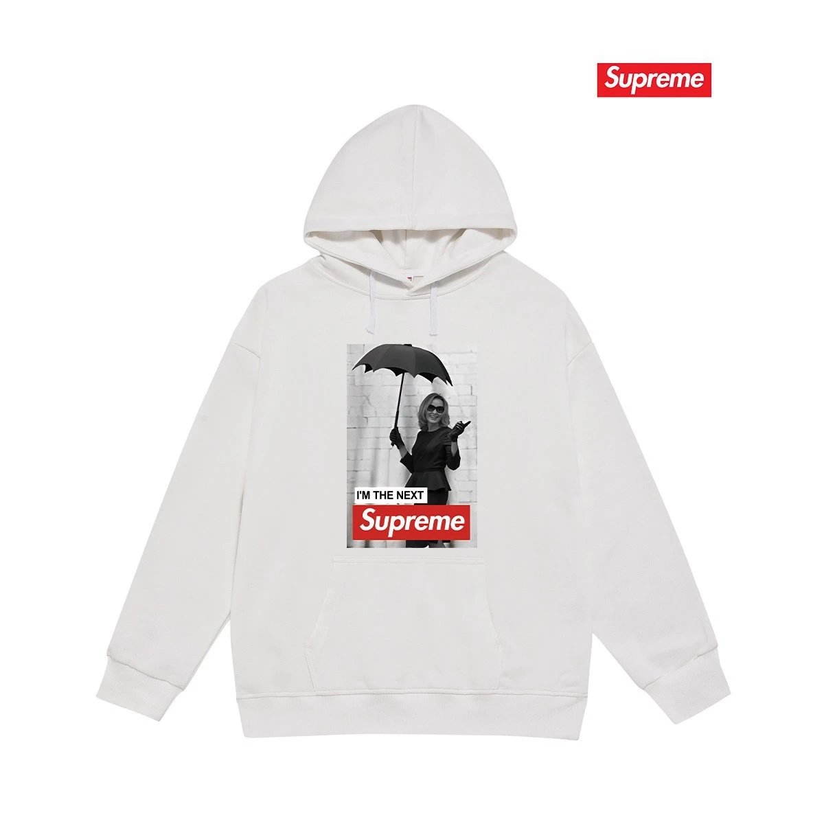 Supreme Hoodies & Sweatshirts Fleece-lined pullover hoodie with photo graphic and kangaroo pocket — S 2184 White with fleece lining