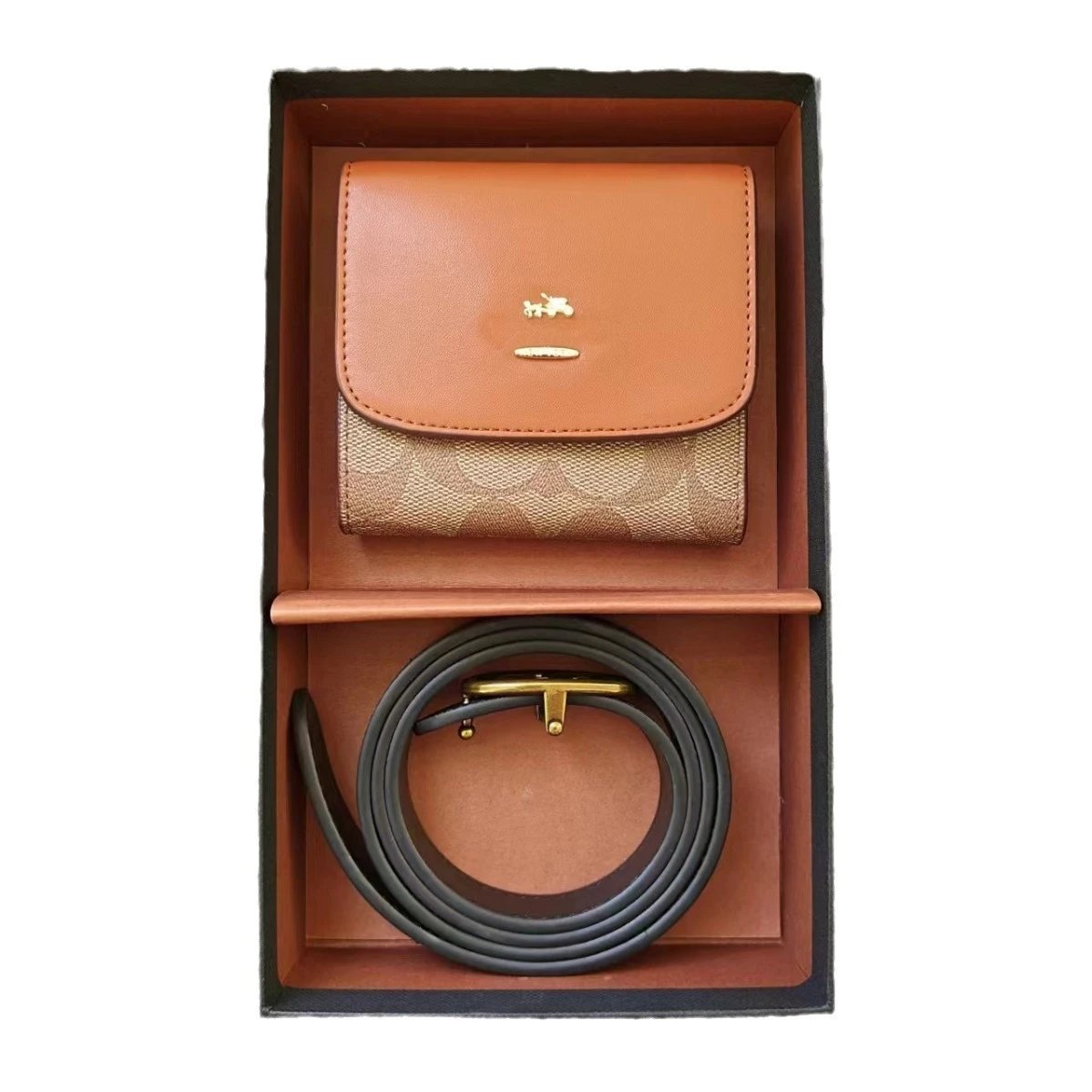Coach Mini Envelope Cardholder and Leather Belt Set Black / Beige / Red Wallets - 6