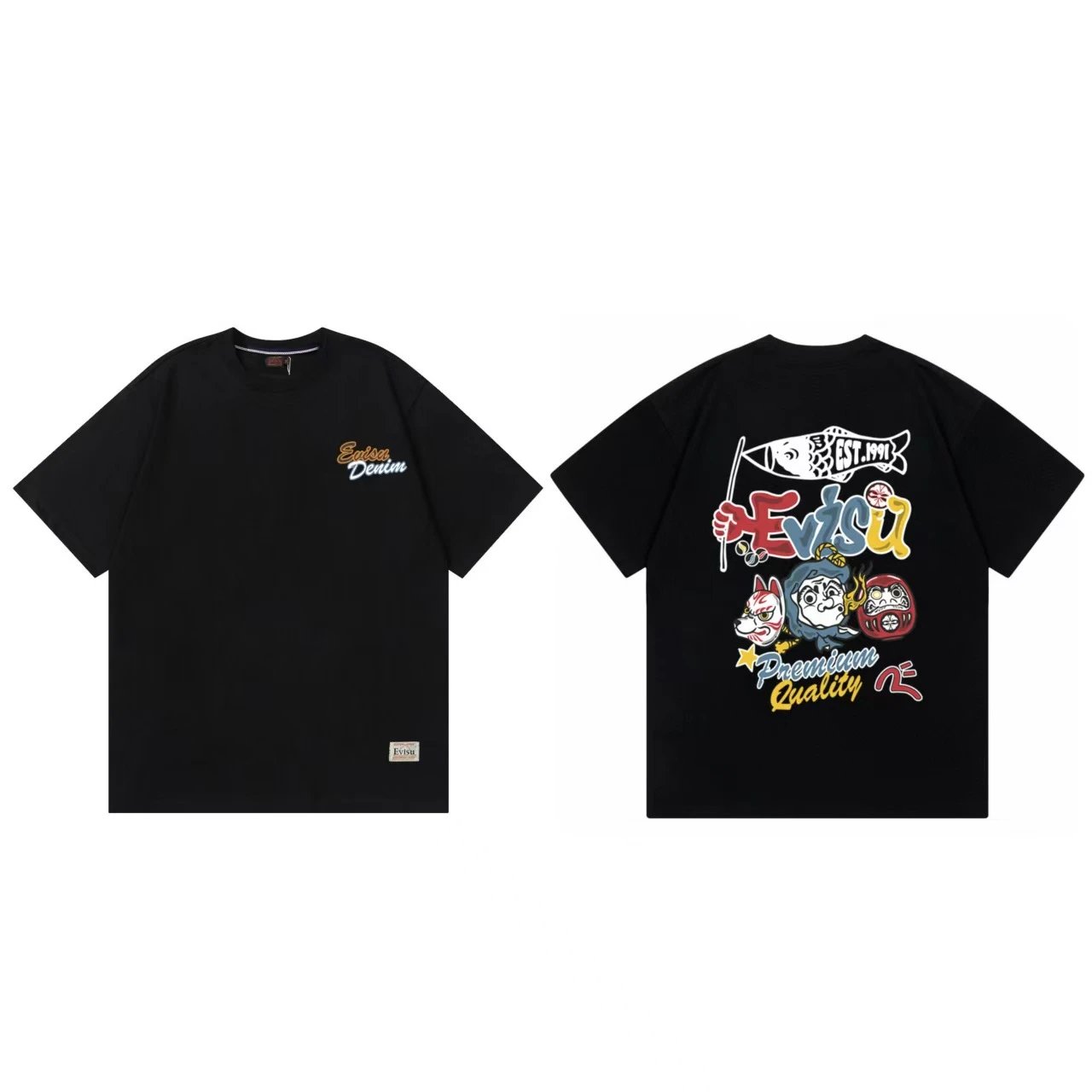 Evisu T-Shirts Short-Sleeve Graphic Print T-Shirt — Black F 233