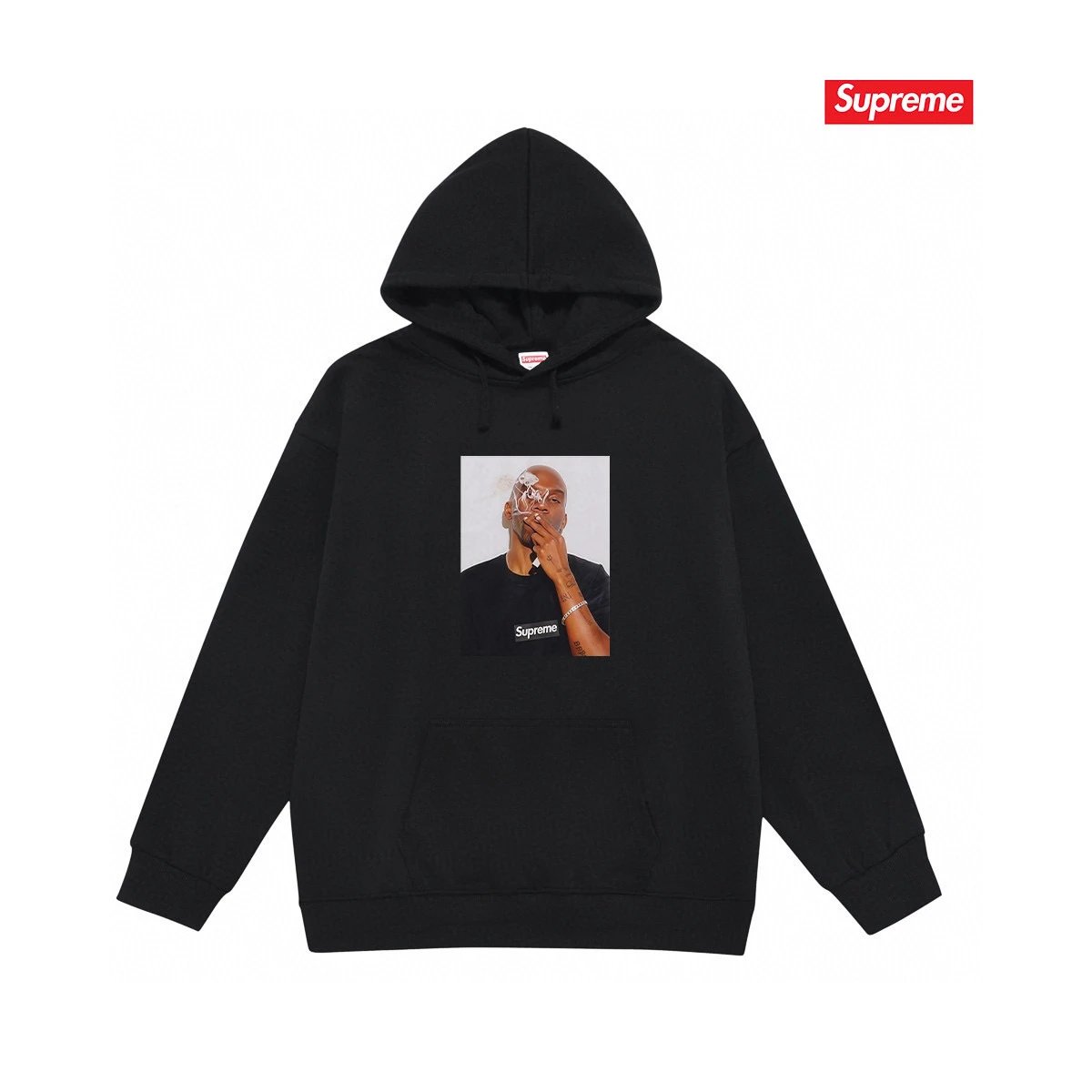 Supreme Hoodies & Sweatshirts Fleece-lined pullover hoodie with photo graphic and kangaroo pocket — S 2172 Black with fleece lining