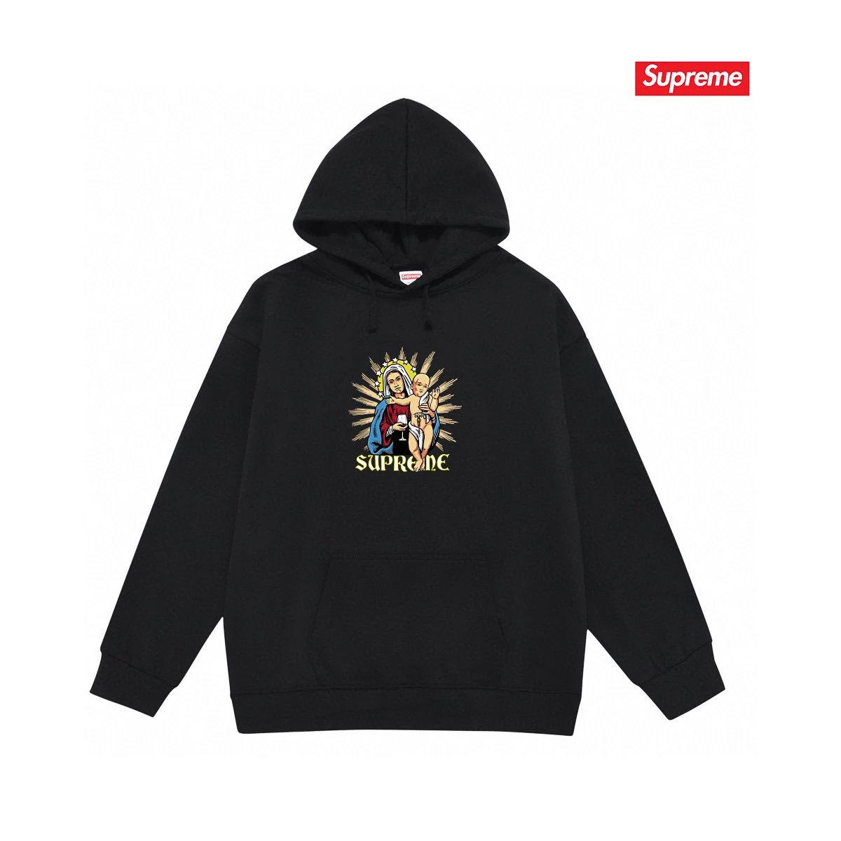 Supreme Hoodies & Sweatshirts Fleece-lined pullover hoodie with photo graphic and kangaroo pocket — S 2176 Black with fleece lining