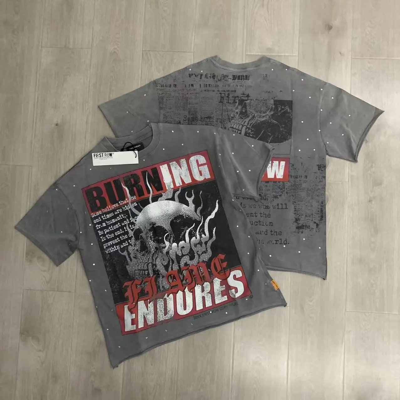 First Row T-Shirts Rhinestone Graphic Washed Cotton — F 506 gray