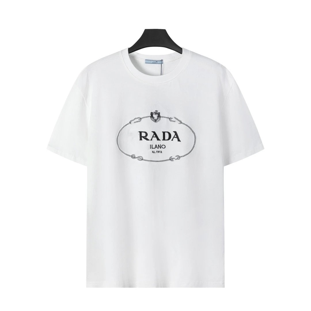 Prada T-Shirts Crew-neck T-shirt with triangular logo plaque — White with a yellow-crowned logo embroidery