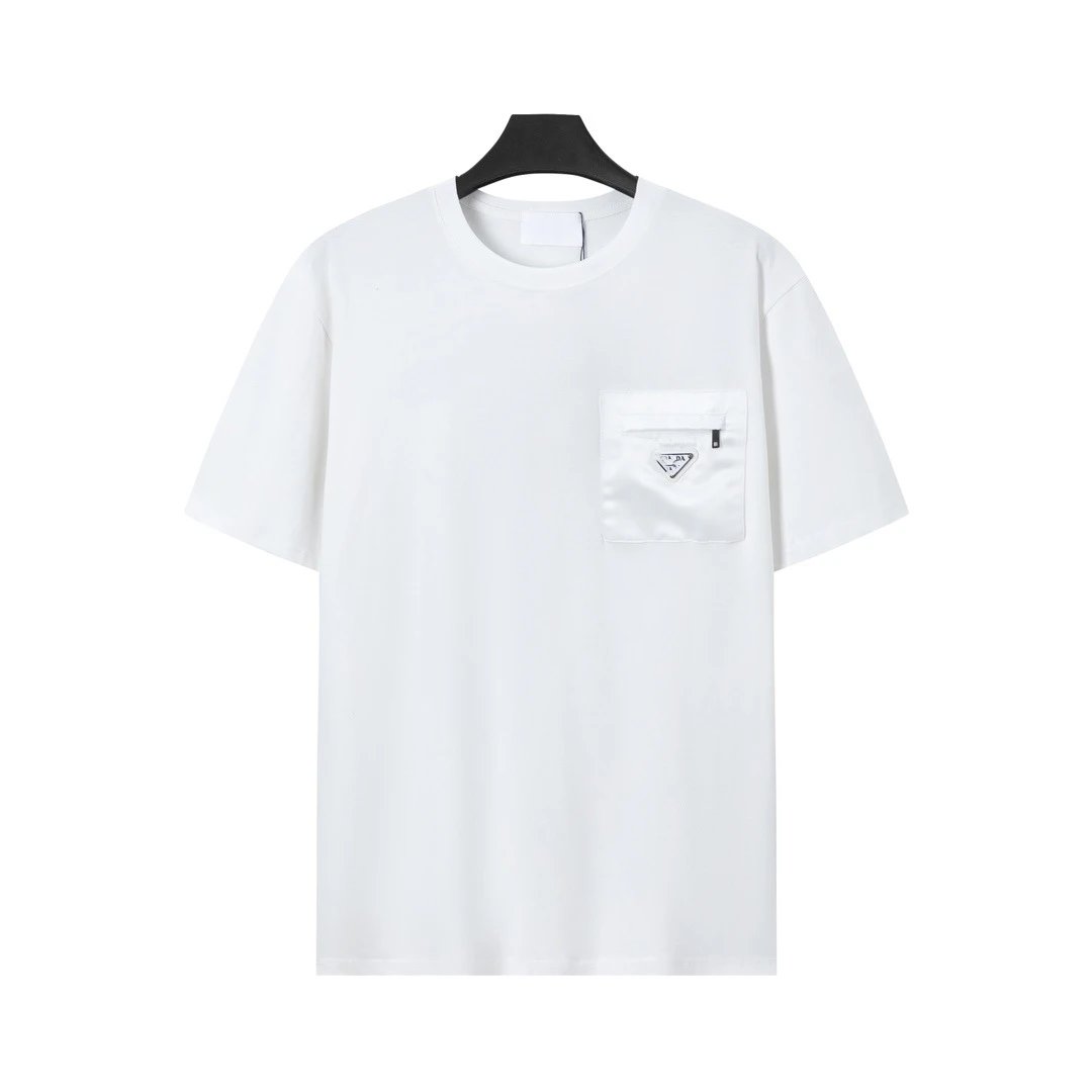 Prada T-Shirts Crew-neck T-shirt with triangular logo plaque — White triangular-label zip pocket
